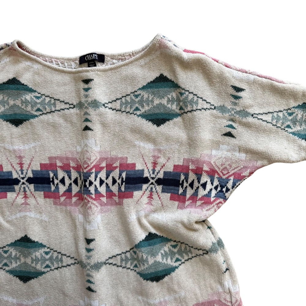 Chaps Denim Womens Large Southwestern Knit Top Pink Teal Geometric Dolman Sleeve